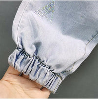 High waisted Jeans For Summer 2026 New Loose Elastic waist Hot pressed Diamond Pants Women's Casual Denim Trousers