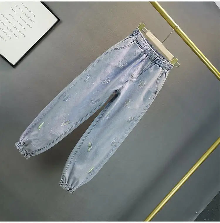 High waisted Jeans For Summer 2026 New Loose Elastic waist Hot pressed Diamond Pants Women's Casual Denim Trousers