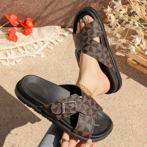 Women's Outdoor Walking Sandals Summer Trendy Color-blocked Designer Slippers Stylish Round Toe Buckle Open Toe Flat Sandals 42