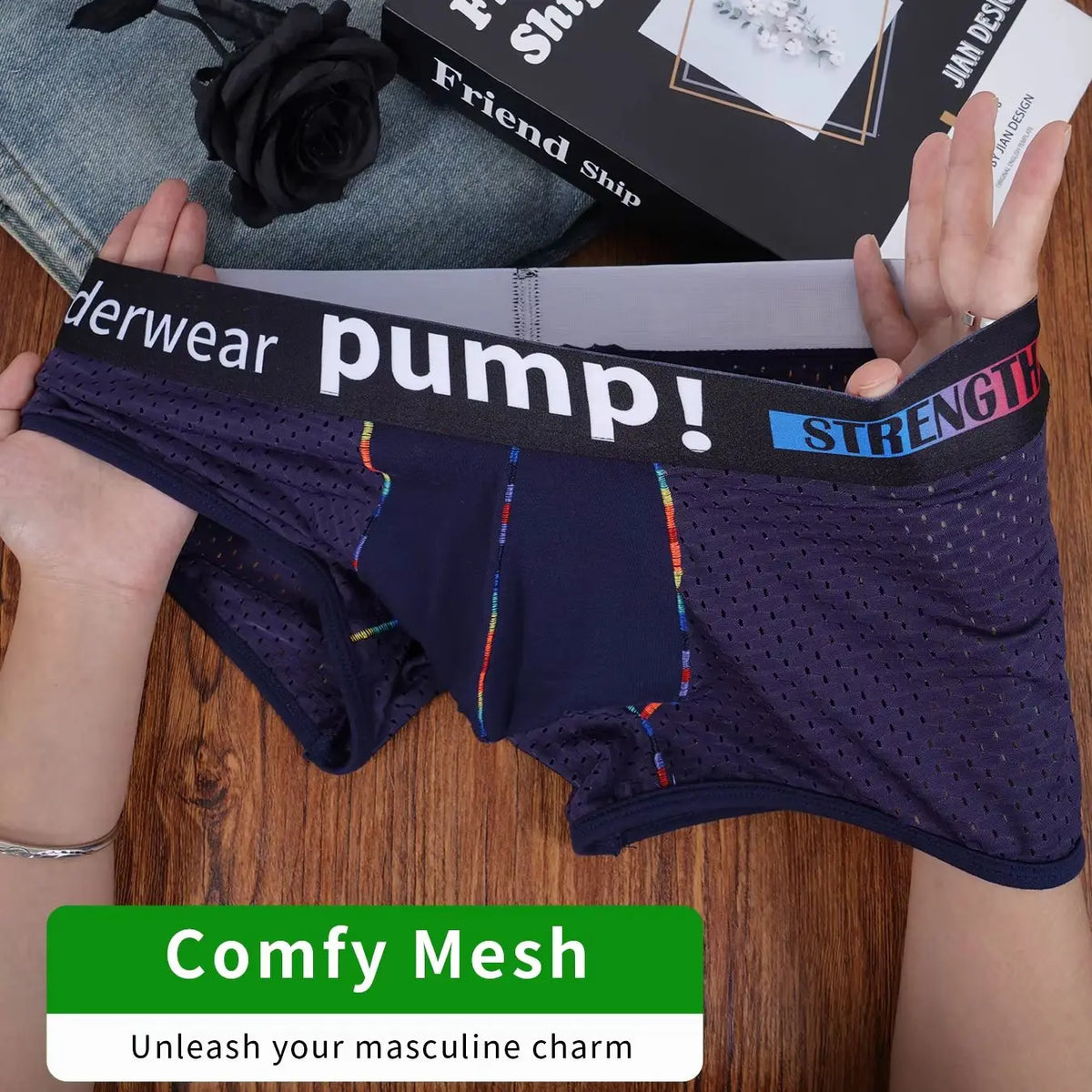 Men's PUMP! Mesh Boxer Briefs U Convex Pouch Rainbow Stitching Elastic Waistband Breathable Quick Dry Underwear