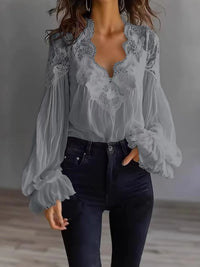 Women's Blouse Black White Elegant V-Neck Lace Splicing Lantern Sleeve Solid Blouse Office Chic Shirt