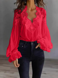 Women's Blouse Black White Elegant V-Neck Lace Splicing Lantern Sleeve Solid Blouse Office Chic Shirt