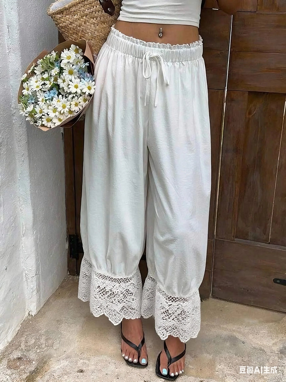 Womens Wide Leg Pants White Polyester Lace Trim Hem Casual Loose Fit Summer Trousers Wide Leg Pants