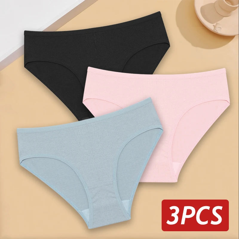 3PCS/Set Cotton Panties Women's Briefs Jacquard Design Solid Color Underpants S-XL