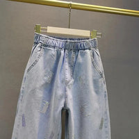 High waisted Jeans For Summer 2026 New Loose Elastic waist Hot pressed Diamond Pants Women's Casual Denim Trousers