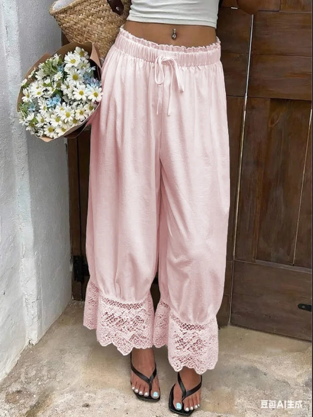 Womens Wide Leg Pants White Polyester Lace Trim Hem Casual Loose Fit Summer Trousers Wide Leg Pants