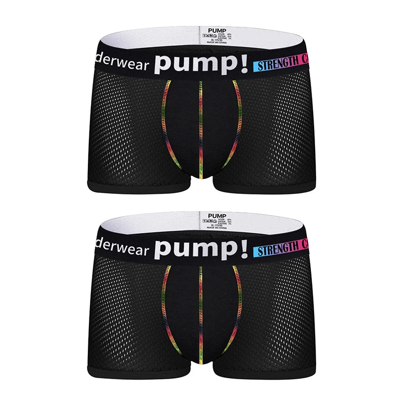 Men's PUMP! Mesh Boxer Briefs U Convex Pouch Rainbow Stitching Elastic Waistband Breathable Quick Dry Underwear