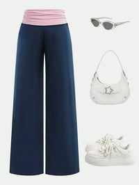 Trendy Girls Fold over Waist Flare Pants, Navy Blue & Pink Color Block Wide Leg Trousers for Daily & Y2K Style