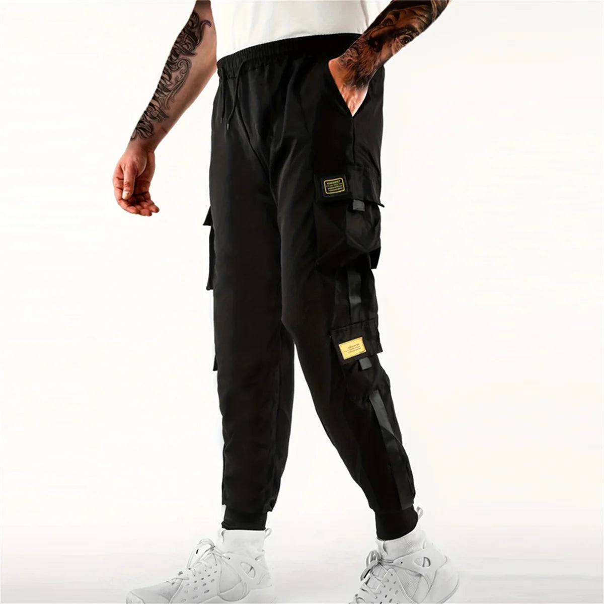 2025 Trendy Solid Color Pants, Multi Flap Pocket Men's Cargo Pants, Loose Casual Outdoor Hip Hop Pants, Men's Black Work Pants