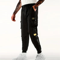 2025 Trendy Solid Color Pants, Multi Flap Pocket Men's Cargo Pants, Loose Casual Outdoor Hip Hop Pants, Men's Black Work Pants