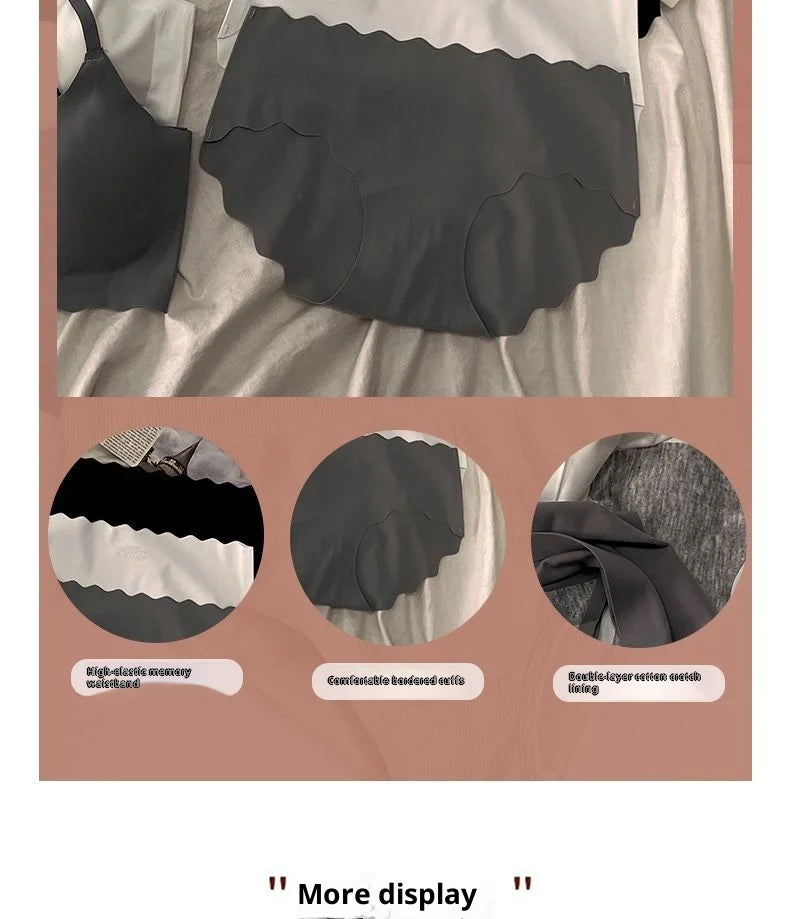 Seamless Scalloped Edge Bra and Panty Set for Women, Gray Black White Skin-Friendly Wireless Comfortable Lingerie Set