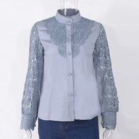 Women Elegant Embroidery Lace Blouse Shirt 2021 Spring Casual Long Sleeve Stand Collar Tops Office Lady Solid Color Blouse