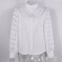 Women Elegant Embroidery Lace Blouse Shirt 2021 Spring Casual Long Sleeve Stand Collar Tops Office Lady Solid Color Blouse