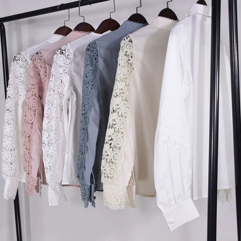 Women Elegant Embroidery Lace Blouse Shirt 2021 Spring Casual Long Sleeve Stand Collar Tops Office Lady Solid Color Blouse