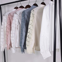 Women Elegant Embroidery Lace Blouse Shirt 2021 Spring Casual Long Sleeve Stand Collar Tops Office Lady Solid Color Blouse
