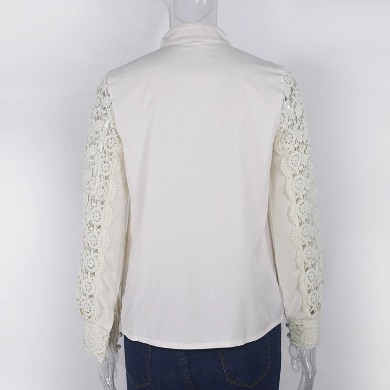 Women Elegant Embroidery Lace Blouse Shirt 2021 Spring Casual Long Sleeve Stand Collar Tops Office Lady Solid Color Blouse