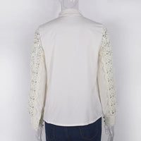 Women Elegant Embroidery Lace Blouse Shirt 2021 Spring Casual Long Sleeve Stand Collar Tops Office Lady Solid Color Blouse