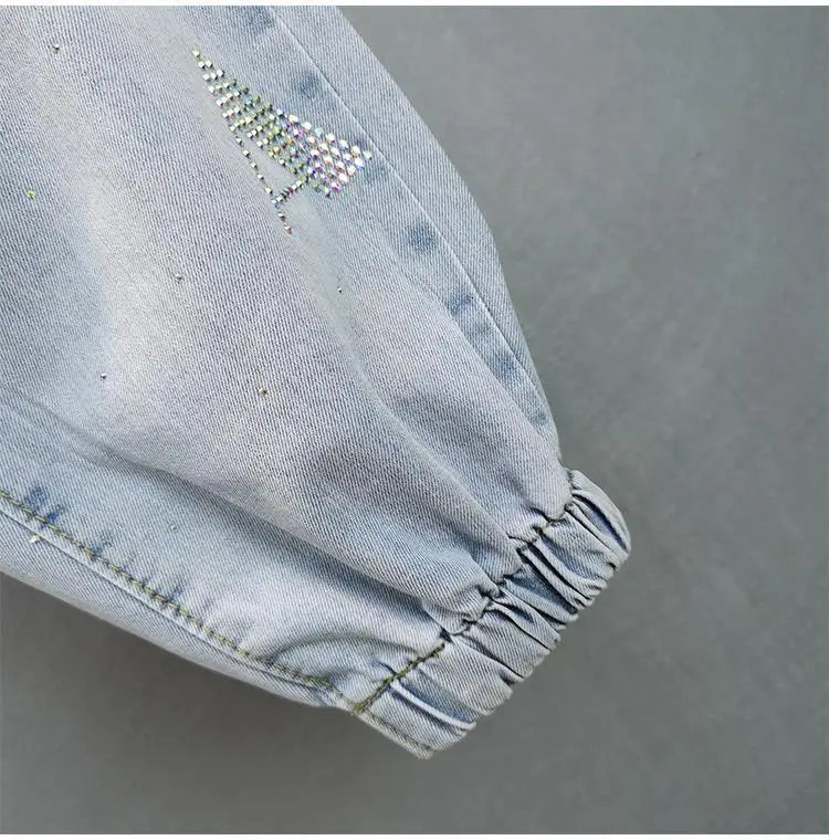 High waisted Jeans For Summer 2026 New Loose Elastic waist Hot pressed Diamond Pants Women's Casual Denim Trousers