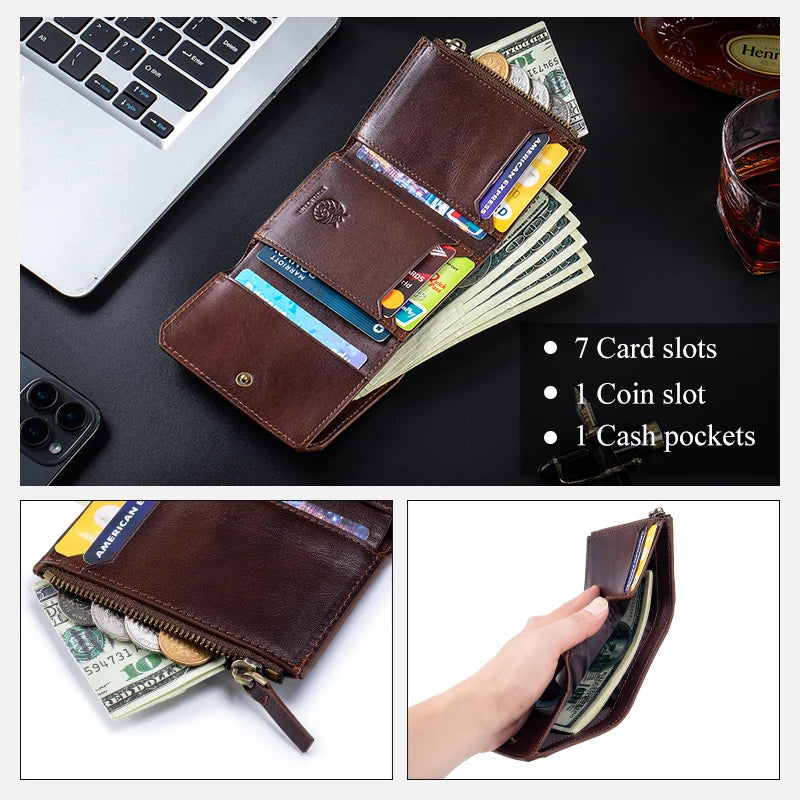 Genuine Leather Wallet for Men Minimalist Tri-Fold Purse with RFID Protection  Zipper Coin Pocket  Credit Card Slots
