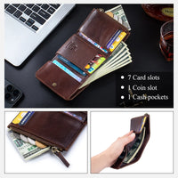Genuine Leather Wallet for Men Minimalist Tri-Fold Purse with RFID Protection  Zipper Coin Pocket  Credit Card Slots