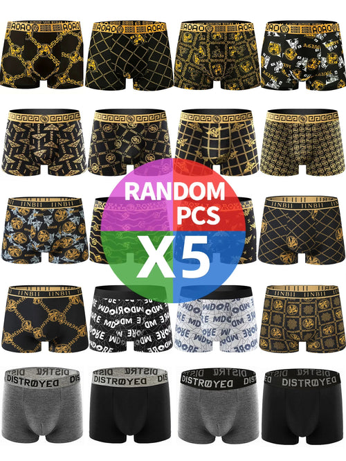 5 Pieces of Men's Boxer Briefs, Black Gold Random Soft, Breathable, Comfortable Skin-friendly Four Seasons Hot Men's Underwear
