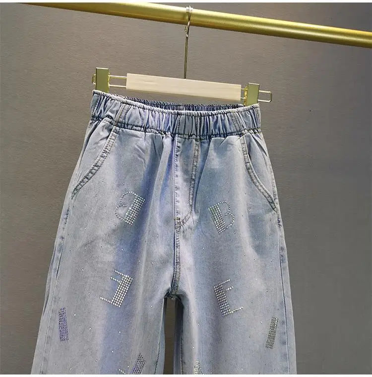 High waisted Jeans For Summer 2026 New Loose Elastic waist Hot pressed Diamond Pants Women's Casual Denim Trousers