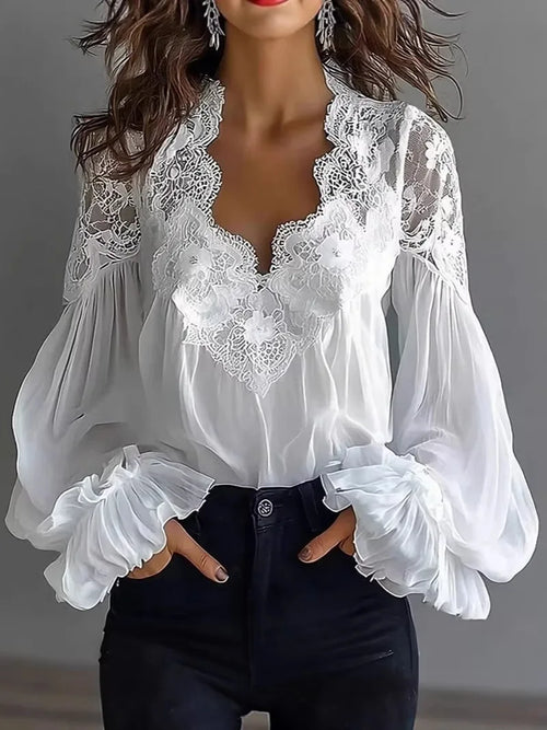 Women's Blouse Black White Elegant V-Neck Lace Splicing Lantern Sleeve Solid Blouse Office Chic Shirt