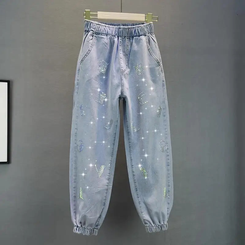 High waisted Jeans For Summer 2026 New Loose Elastic waist Hot pressed Diamond Pants Women's Casual Denim Trousers