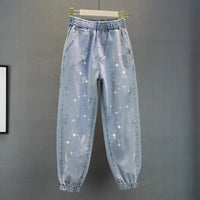 High waisted Jeans For Summer 2026 New Loose Elastic waist Hot pressed Diamond Pants Women's Casual Denim Trousers
