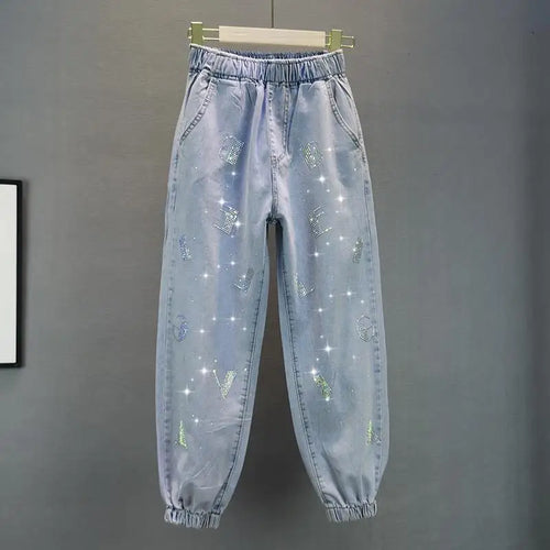 High waisted Jeans For Summer 2026 New Loose Elastic waist Hot pressed Diamond Pants Women's Casual Denim Trousers