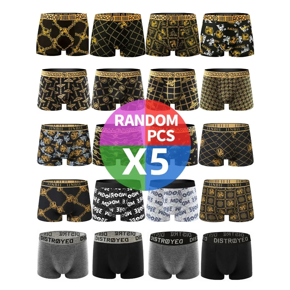 5 Pieces of Men's Boxer Briefs, Black Gold Random Soft, Breathable, Comfortable Skin-friendly Four Seasons Hot Men's Underwear