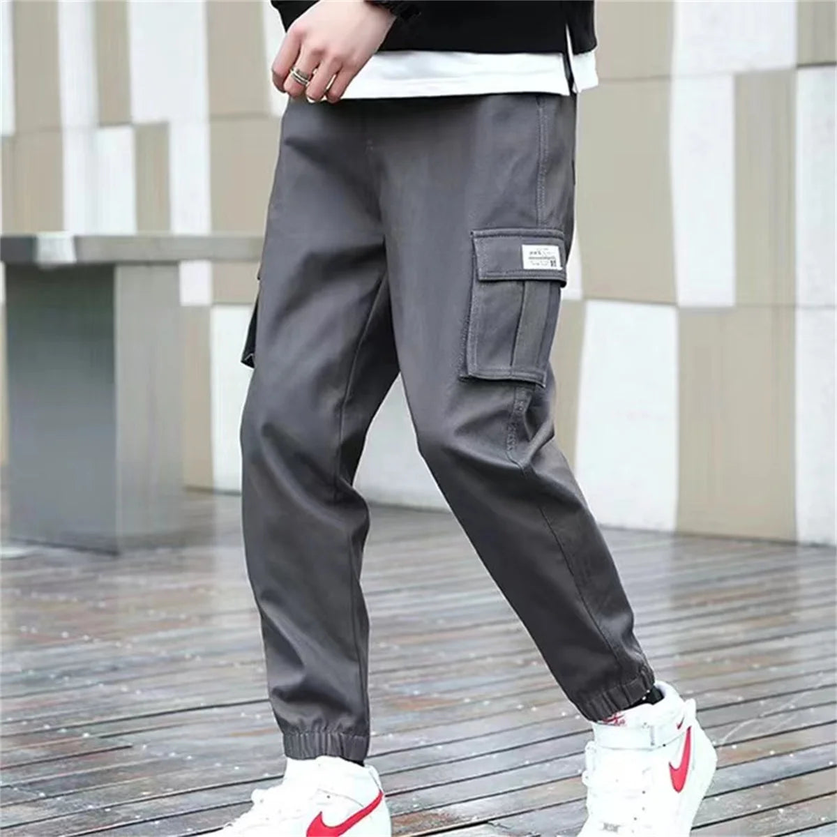 2025 Trendy Solid Color Pants, Multi Flap Pocket Men's Cargo Pants, Loose Casual Outdoor Hip Hop Pants, Men's Black Work Pants