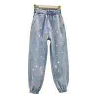 High waisted Jeans For Summer 2026 New Loose Elastic waist Hot pressed Diamond Pants Women's Casual Denim Trousers