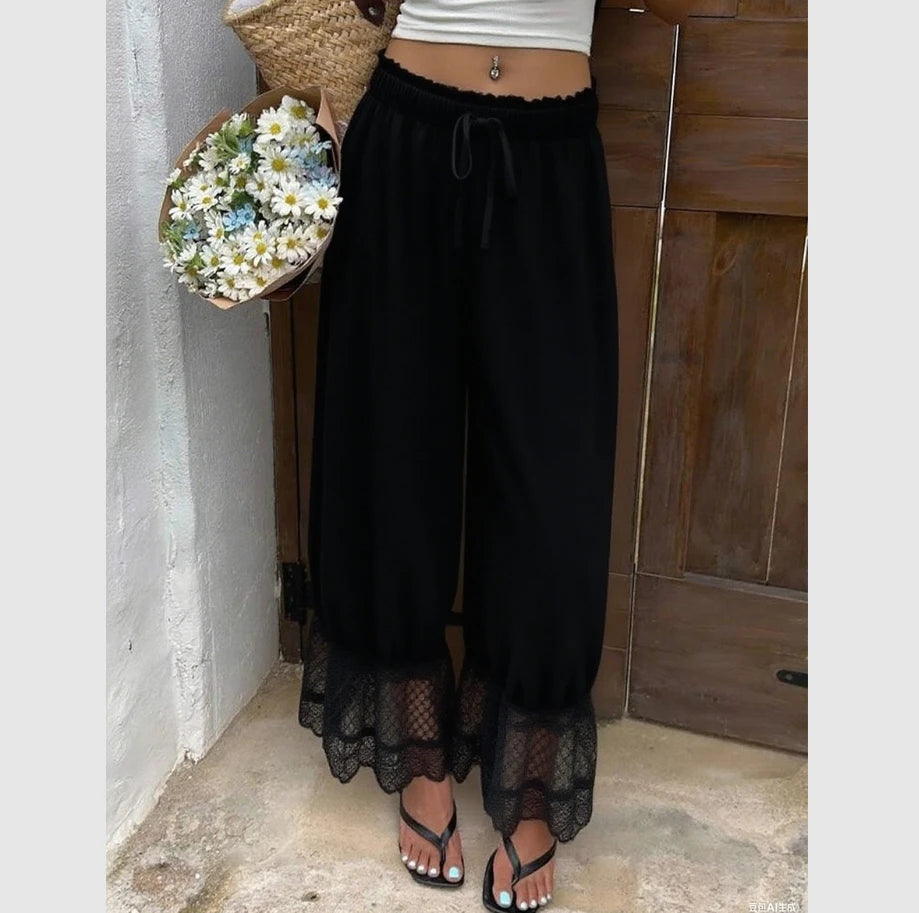 Womens Wide Leg Pants White Polyester Lace Trim Hem Casual Loose Fit Summer Trousers Wide Leg Pants