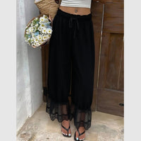 Womens Wide Leg Pants White Polyester Lace Trim Hem Casual Loose Fit Summer Trousers Wide Leg Pants