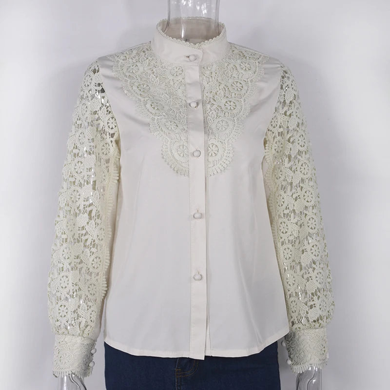Women Elegant Embroidery Lace Blouse Shirt 2021 Spring Casual Long Sleeve Stand Collar Tops Office Lady Solid Color Blouse