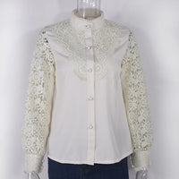 Women Elegant Embroidery Lace Blouse Shirt 2021 Spring Casual Long Sleeve Stand Collar Tops Office Lady Solid Color Blouse