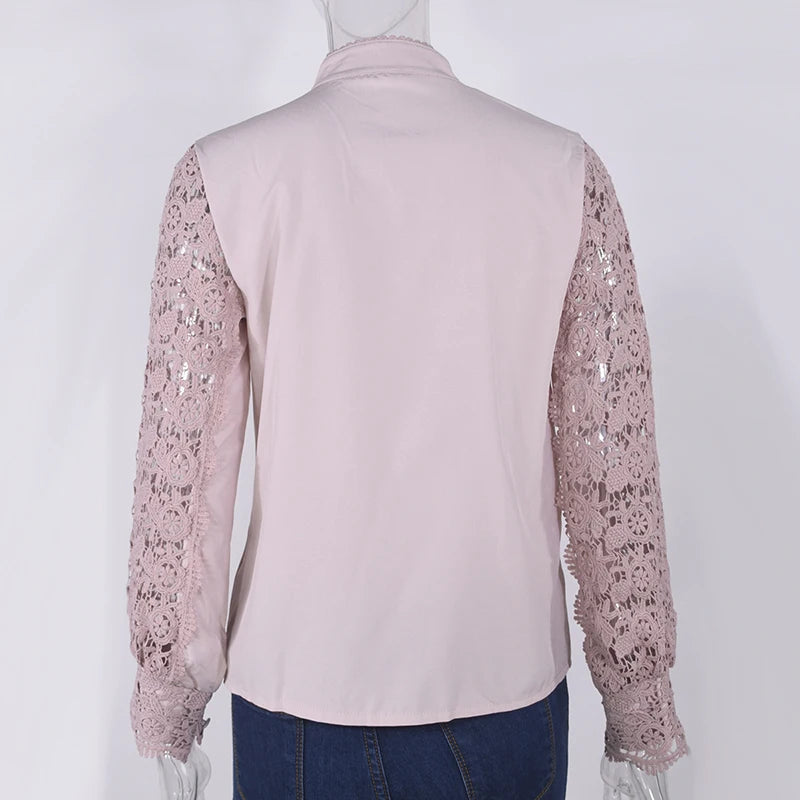 Women Elegant Embroidery Lace Blouse Shirt 2021 Spring Casual Long Sleeve Stand Collar Tops Office Lady Solid Color Blouse