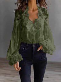 Women's Blouse Black White Elegant V-Neck Lace Splicing Lantern Sleeve Solid Blouse Office Chic Shirt