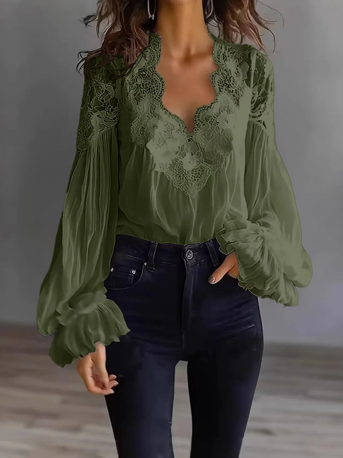 Women's Blouse Black White Elegant V-Neck Lace Splicing Lantern Sleeve Solid Blouse Office Chic Shirt
