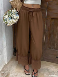 Womens Wide Leg Pants White Polyester Lace Trim Hem Casual Loose Fit Summer Trousers Wide Leg Pants