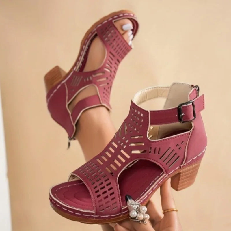Sandals for Women 2026 New Thick Heeled Sandals Summer Breathable Hollow Out Sandals for Women Retro High Heels Roman Sandalias