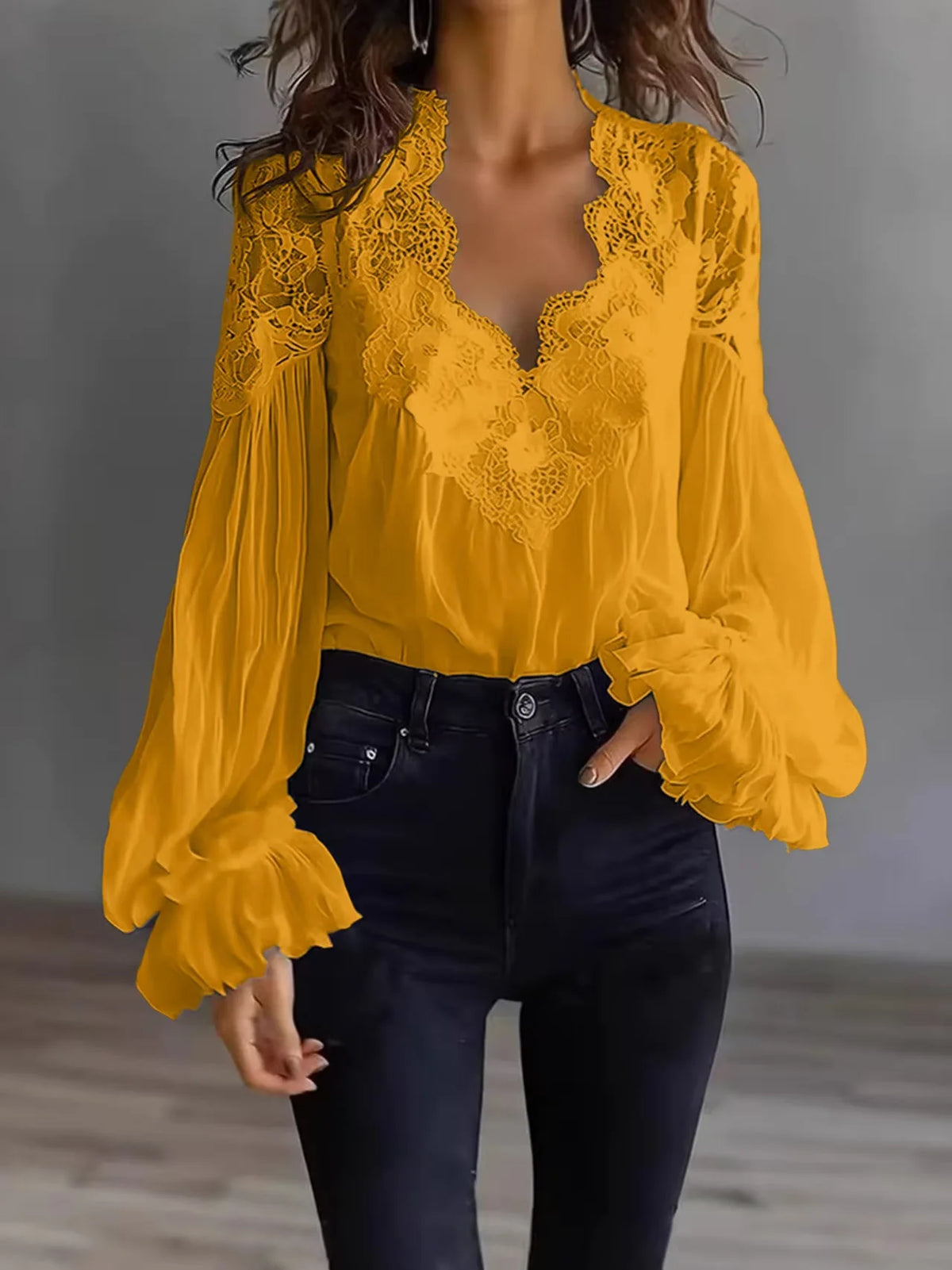 Women's Blouse Black White Elegant V-Neck Lace Splicing Lantern Sleeve Solid Blouse Office Chic Shirt