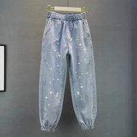 High waisted Jeans For Summer 2026 New Loose Elastic waist Hot pressed Diamond Pants Women's Casual Denim Trousers