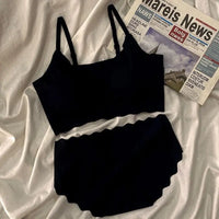 Seamless Scalloped Edge Bra and Panty Set for Women, Gray Black White Skin-Friendly Wireless Comfortable Lingerie Set