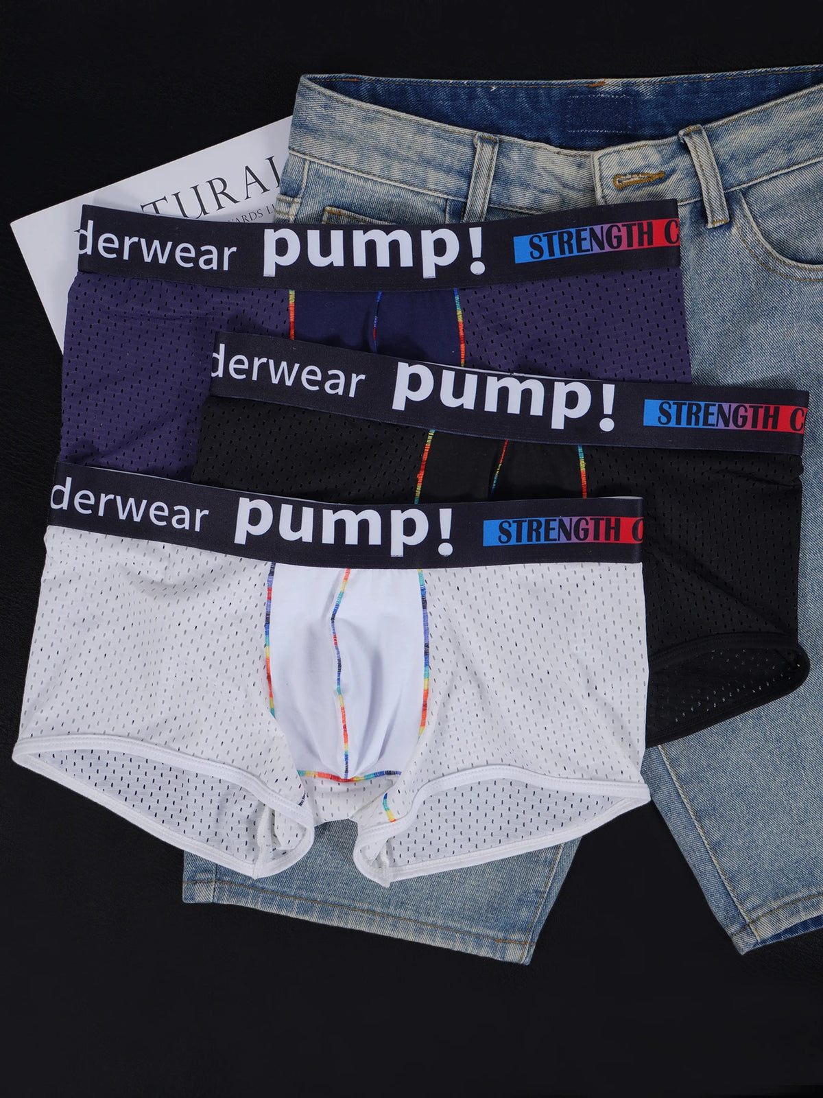 Men's PUMP! Mesh Boxer Briefs U Convex Pouch Rainbow Stitching Elastic Waistband Breathable Quick Dry Underwear