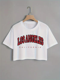 Chic Women's Crop Top with Trendy Letter LOS ANGELES Print Crew Neck Short Sleeve Cropped T-Shirt 90s Style