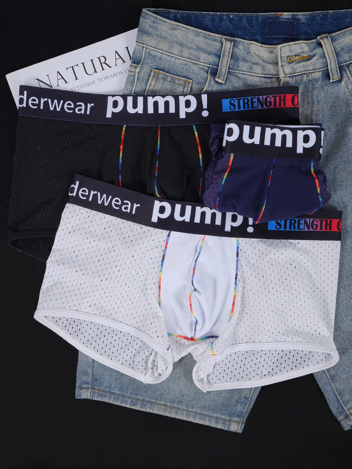 Men's PUMP! Mesh Boxer Briefs U Convex Pouch Rainbow Stitching Elastic Waistband Breathable Quick Dry Underwear