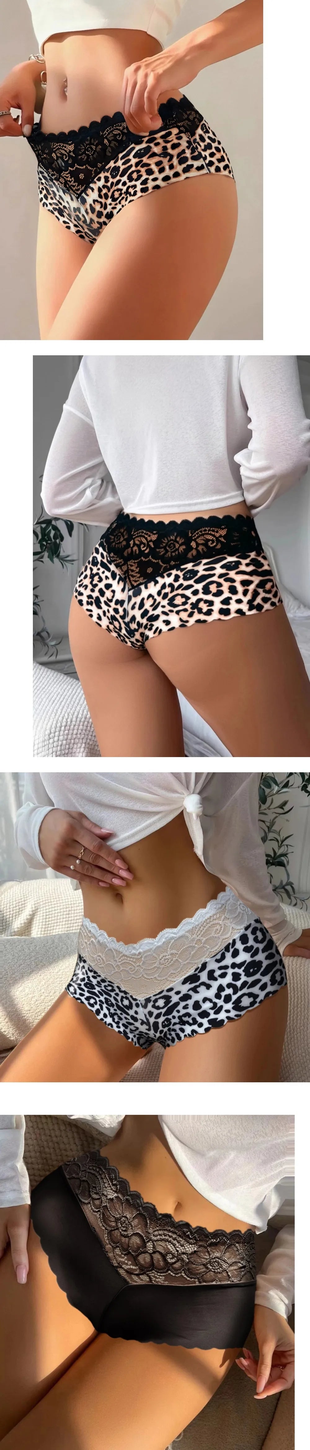 Women's 3-Piece Leopard Lace Panties Underwear Solid Color Knickers Set