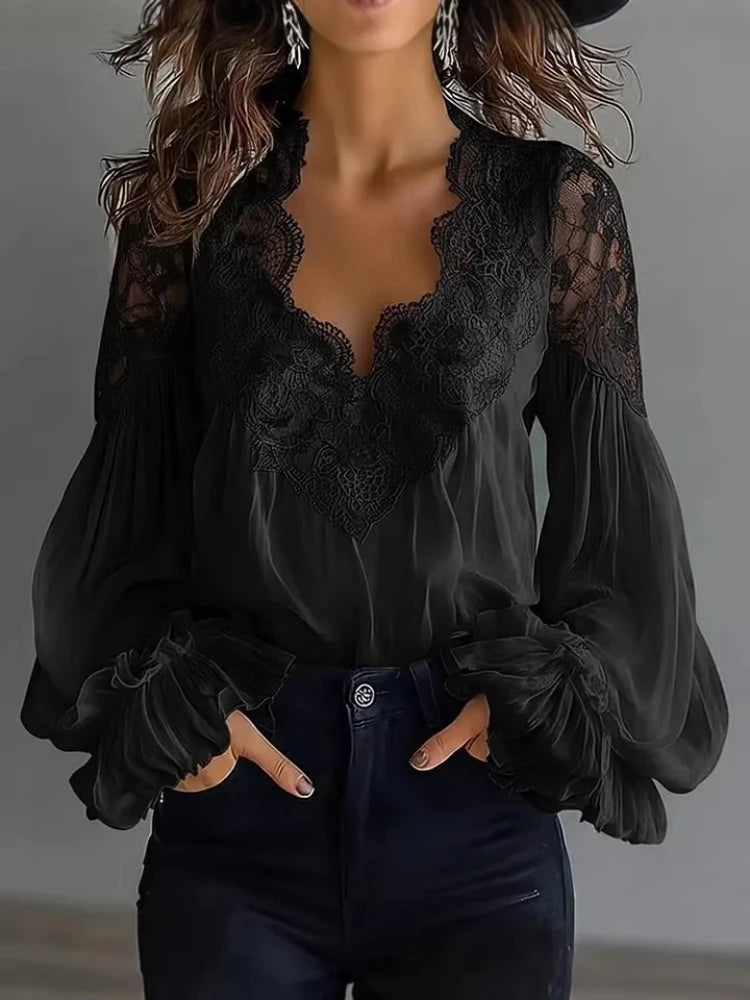 Women's Blouse Black White Elegant V-Neck Lace Splicing Lantern Sleeve Solid Blouse Office Chic Shirt